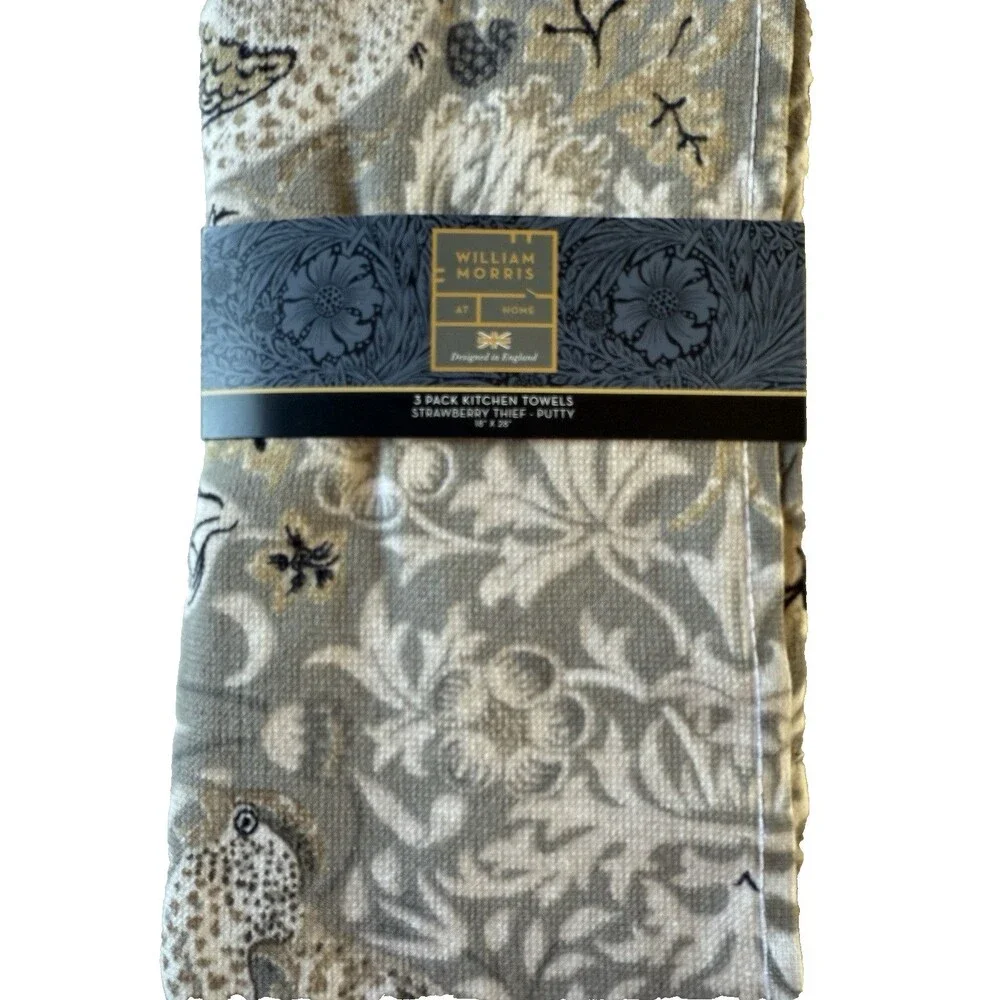 William Morris & Co Set of 2 Kitchen Dish Towels Strawberry Thief Putty Cotton